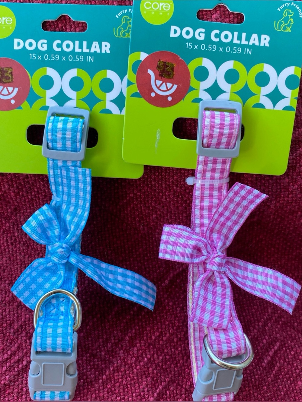CORE Dog Collars (2) Gingham Bows Pink&Blue 0.59x15”L NWT
